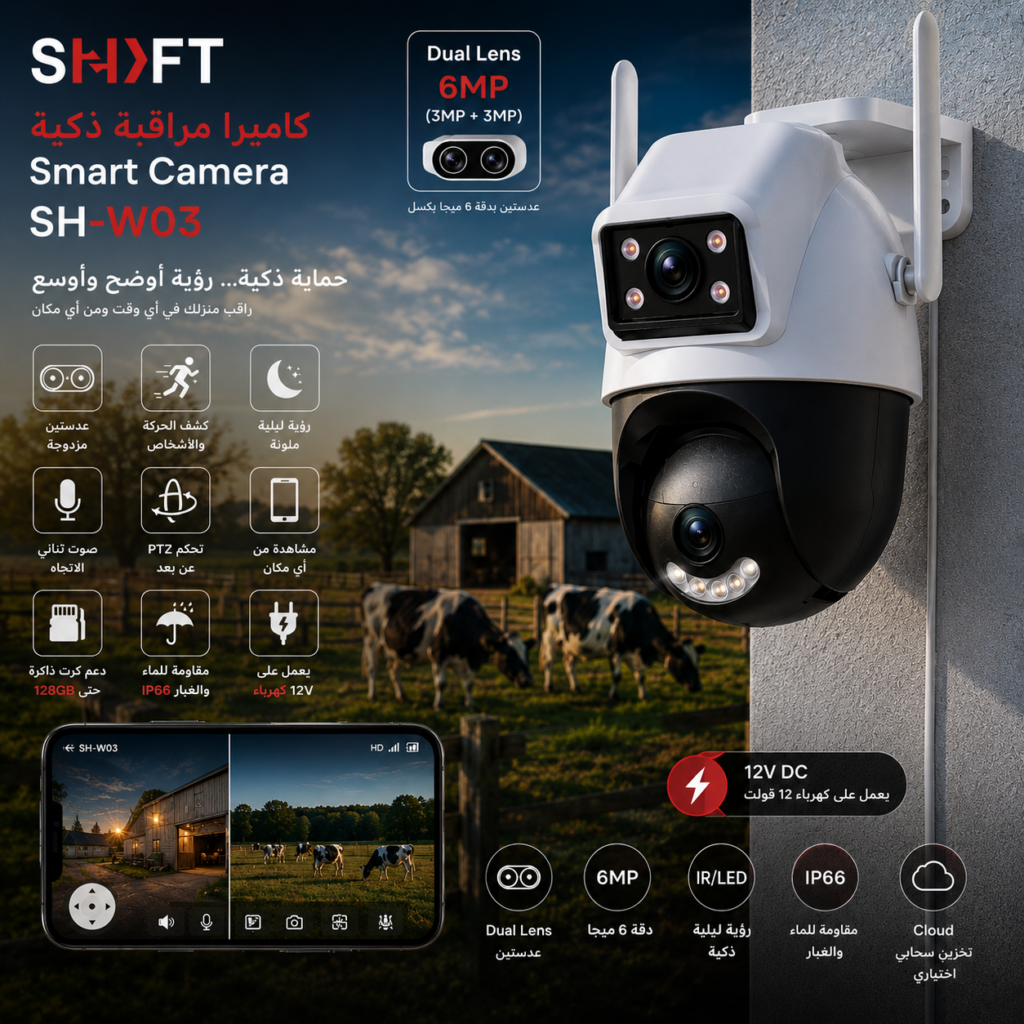 SH‑W03 — كاميرا مراقبة Wi‑Fi بدقة 6MP وعدستين