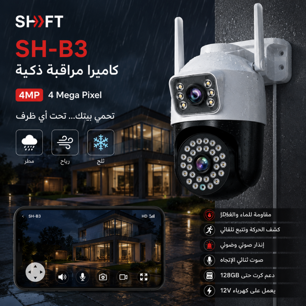 SH‑B3 — كاميرا مراقبة Wi‑Fi بدقة 4MP وعدستين