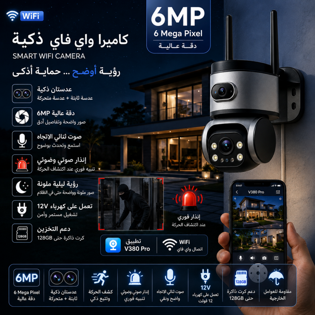 Smart Wi‑Fi Camera — كاميرا مراقبة بدقة 6MP وعدستين