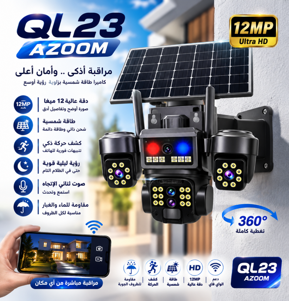 QL23 Zoom — كاميرا شمسية Wi‑Fi بدقة 12MP وزوم 10X
