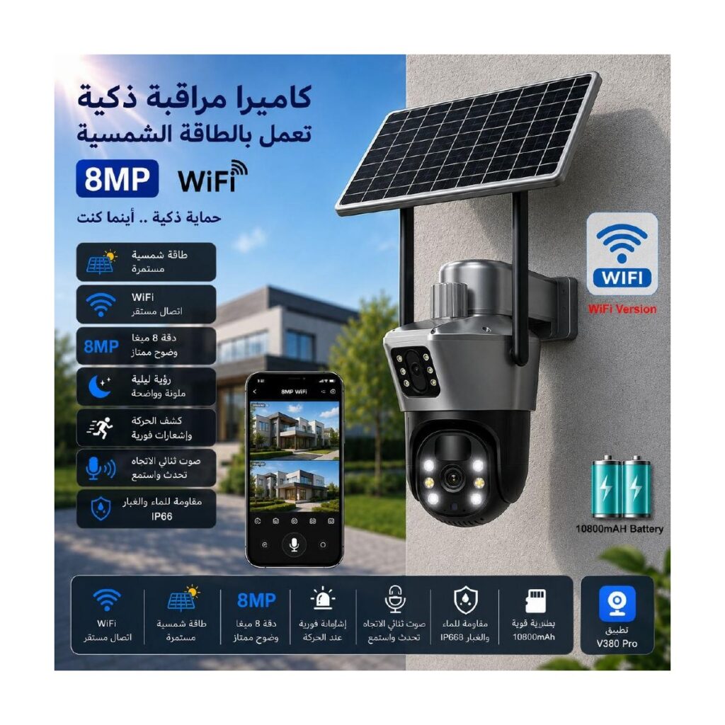 X2 — كاميرا مراقبة شمسية Wi‑Fi بدقة 8MP وعدستين